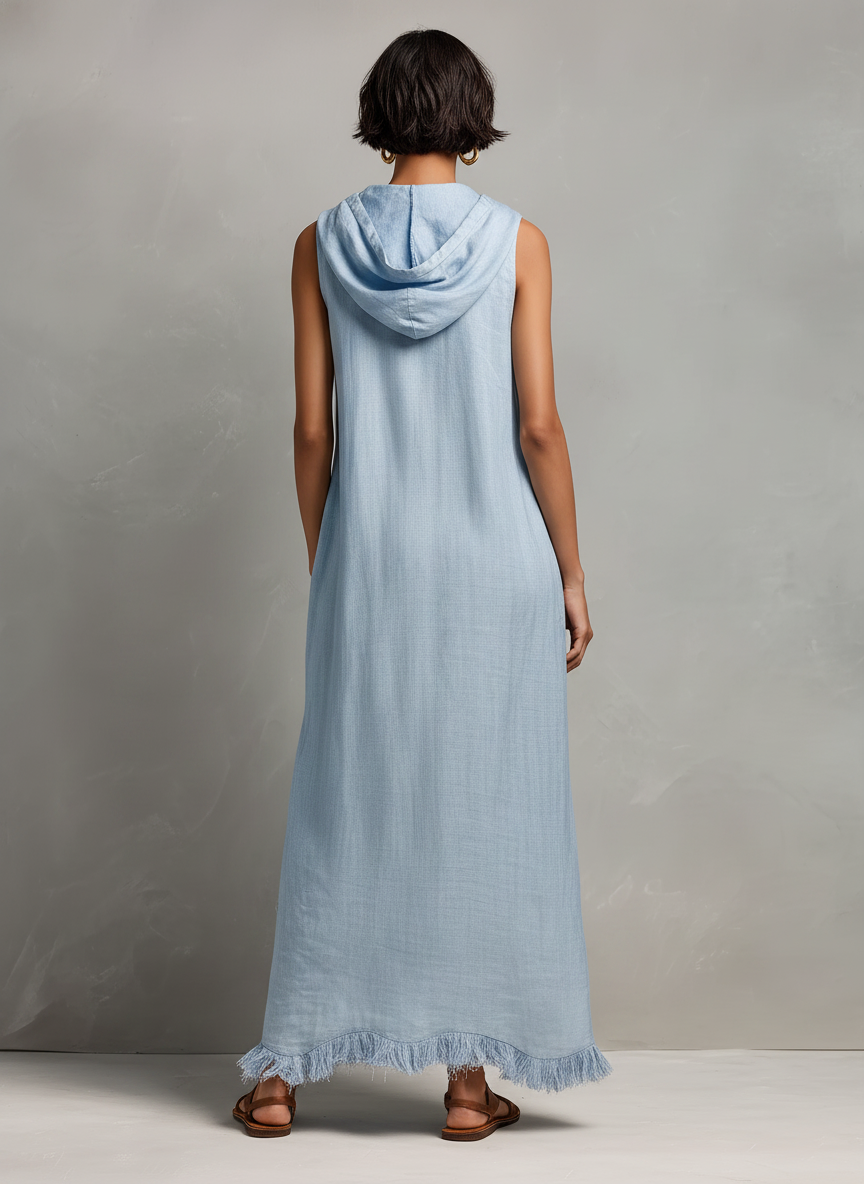 Women's Minimalist Linen-Blend Hooded Sleeveless Maxi Dress With Fringed Hem MDZ1213E7Y