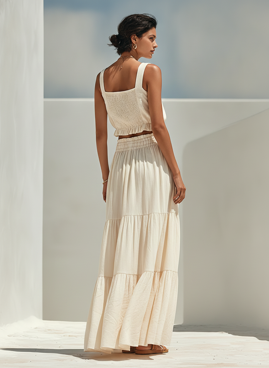 Women's Beige Linen-Blend Two-Piece Set With Square Neck Crop Tank Top & Tiered Maxi Skirt, Casual Summer Resort Outfit MDZ1238F1LYL