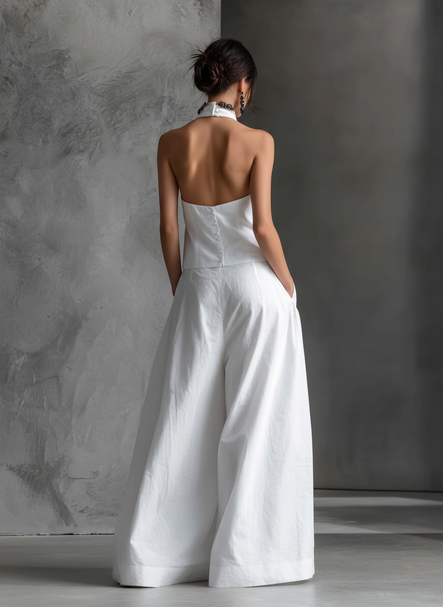 Women's Casual White Cotton And Linen Halter-neck Sleeveless Top And Skirt Set MDZ1269A6AN