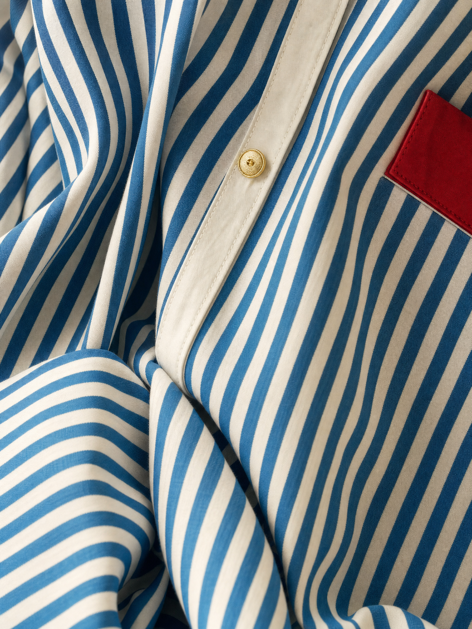 Women's Blue And White Cotton Striped Shirt Dress With Red Chest Pocket MDZ1286C2T