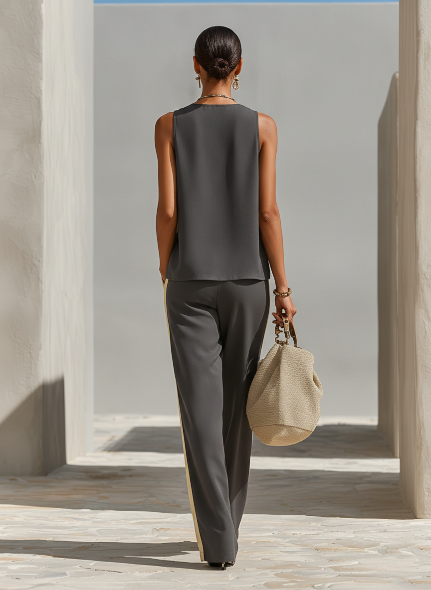 Women's Dark Grey & Yellow Sleeveless Co-Ord With V Neckline & Contrast Stripe Trousers, Modern Effortless-Chic Smart Casual Outfit MDZ1291F5LYL