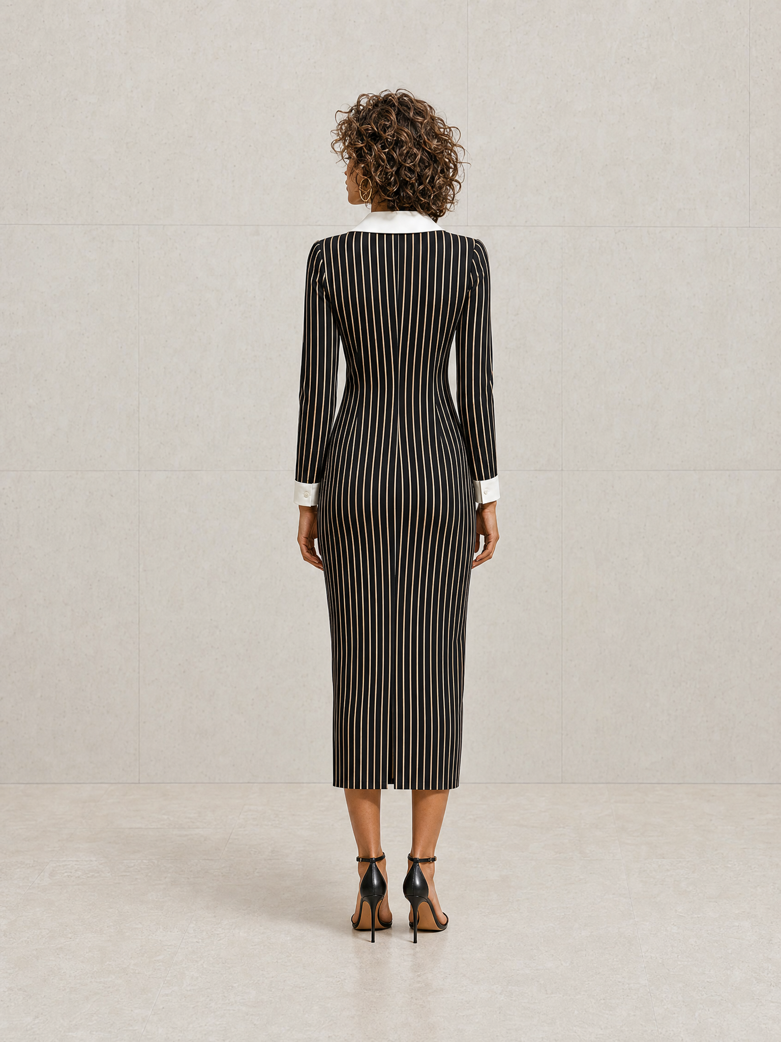 Women's Elegant Modern Black Pinstripe White-Collar Zip Long-Sleeve Fitted Midi Dress MDZ1593G3CMX