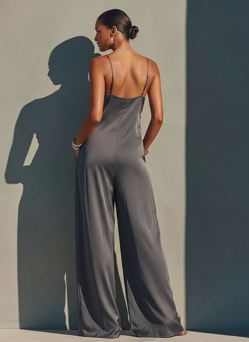 Women's Dark Gray Sleeveless Satin Jumpsuit With Deep V-Neck & Side Pockets, Modern Effortless-Chic Everyday Outfit MDZ1334E4LYL