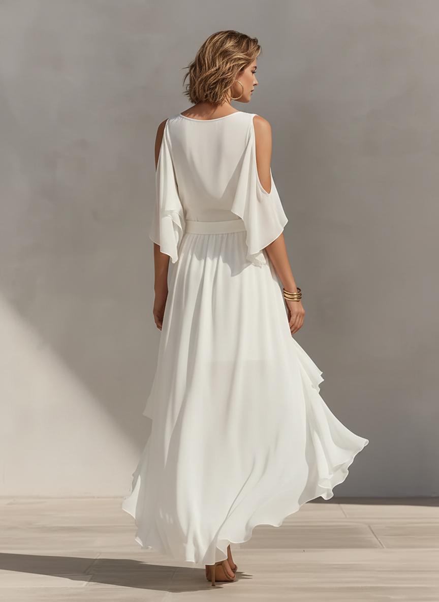 Women's Ivory Chiffon Dress With Cold Shoulder Sleeves & Tiered Ruffle High-Low Hem, Contemporary Elegant Summer Dress MDZ1391E8LYL