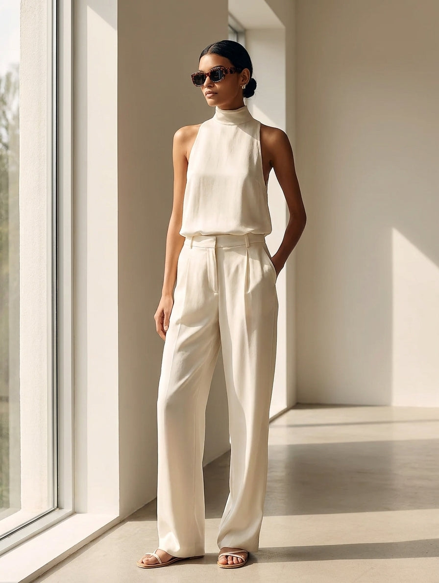 Women's Elegant Black Cotton And Linen Round-neck Sleeveless Top And Trousers Set MDZ1441A4AN
