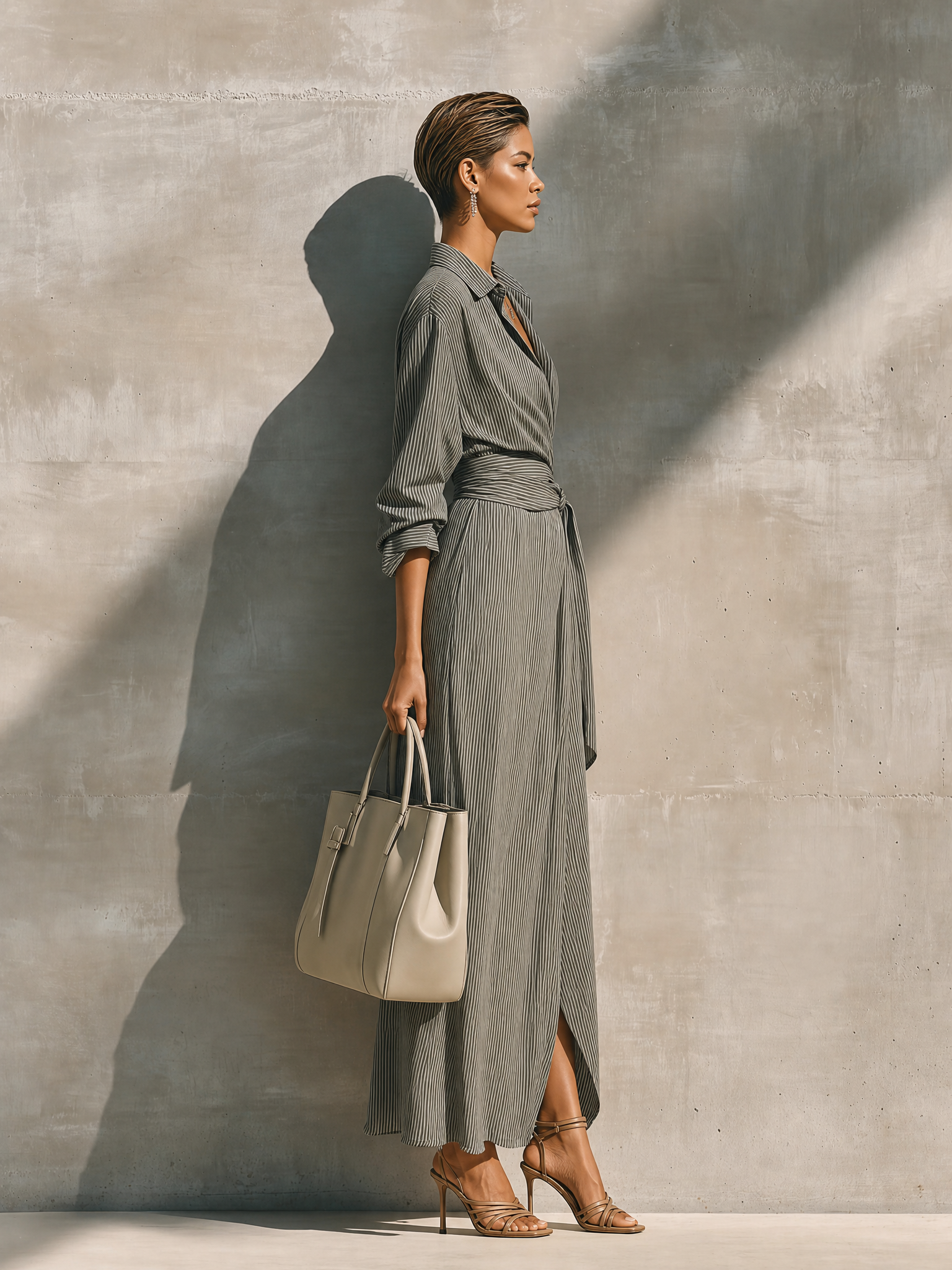 Women's Grey White Vertical Stripe Cotton Blend Collared Wrap Tie Waist Side Pocket Maxi Shirt Dress MDZ1451G8YZJ