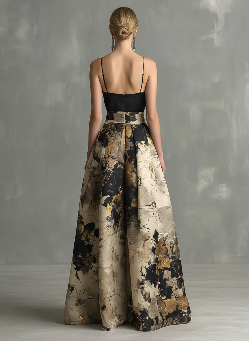 Women's Elegant Black And Beige Abstract Print V-Neck Spaghetti Strap Maxi Dress MDZ1483B2BA