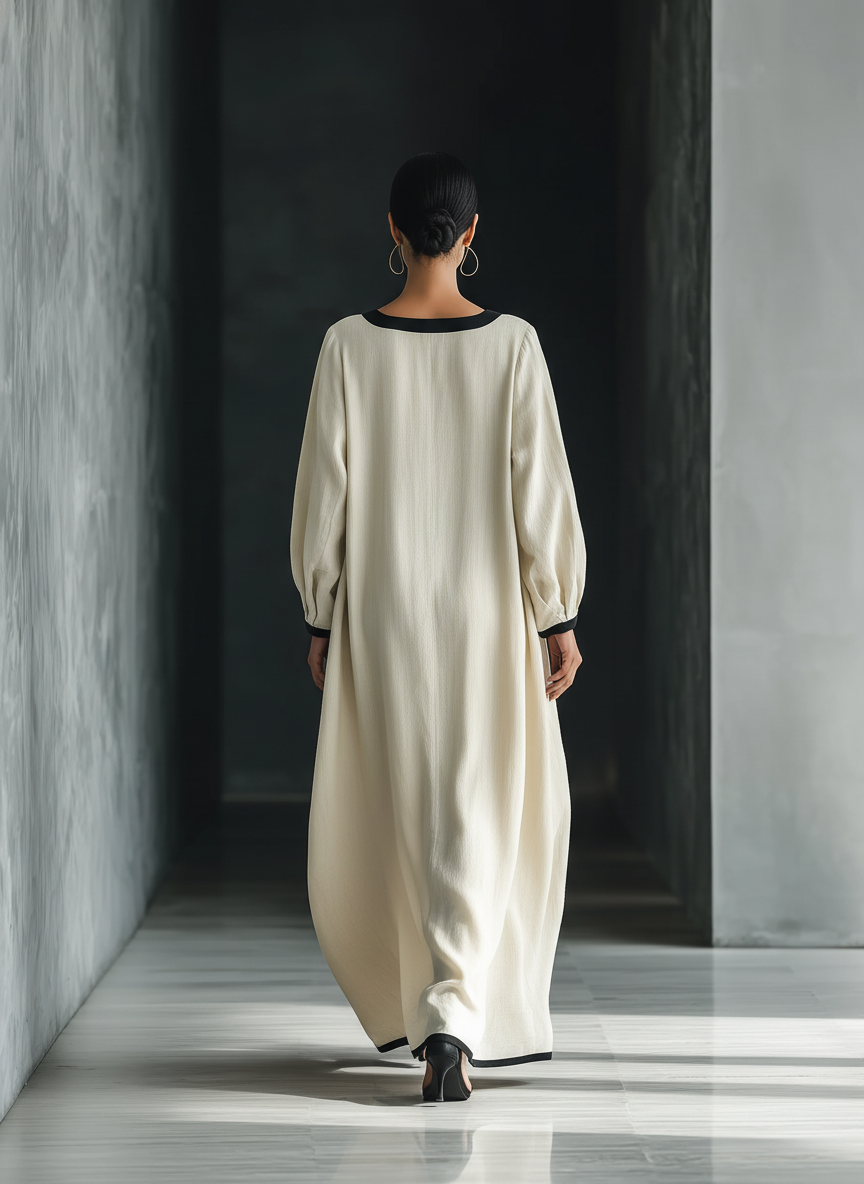 Women's Beige Cotton And Linen Blend Square-Neck Maxi Dress With Black Trim & Oversized Pockets MDZ1507A0T