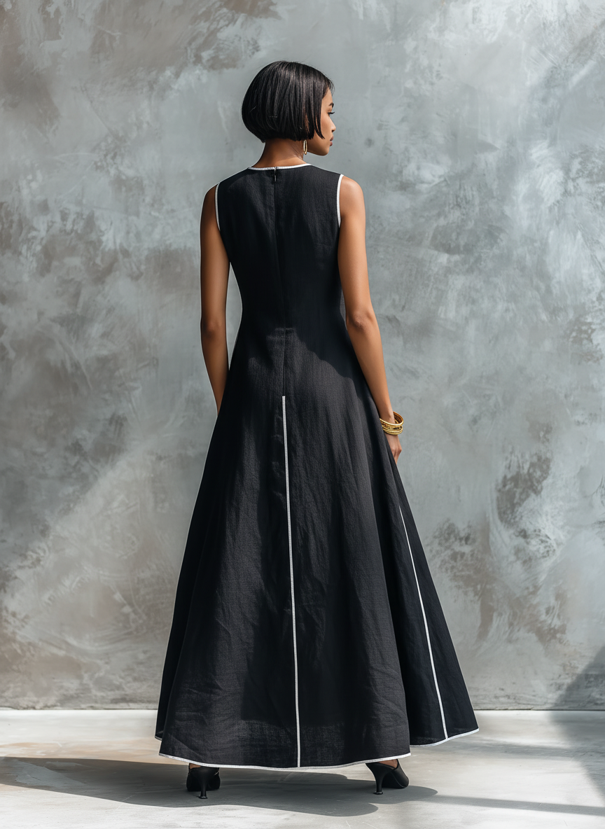 Women's Minimalist Linen-Blend Maxi Dress With Contrast Trim, Round Neck, And Sleeveless Design MDZ1516E0Y