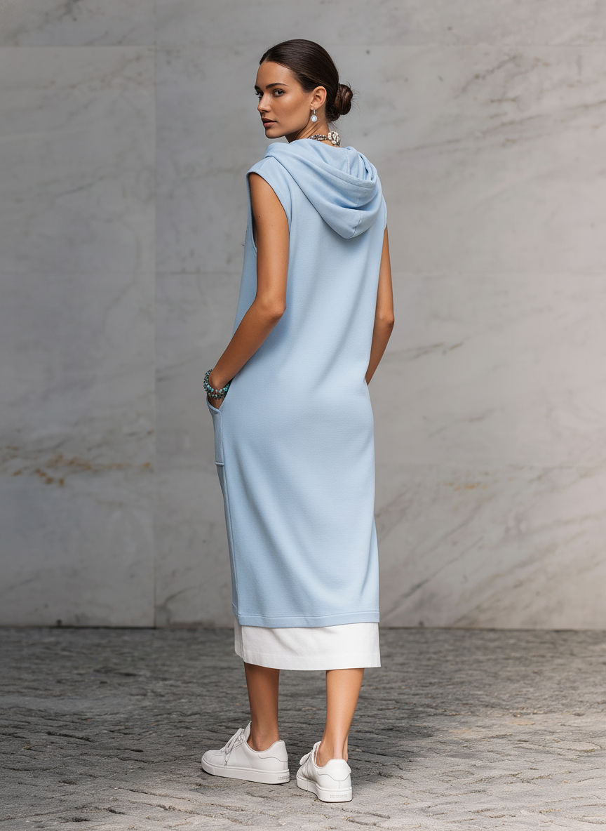 Women's Casual Sleeveless Hooded Color-Block Straight-Cut Sweatshirt Midi Dress MDZ1528E4Y
