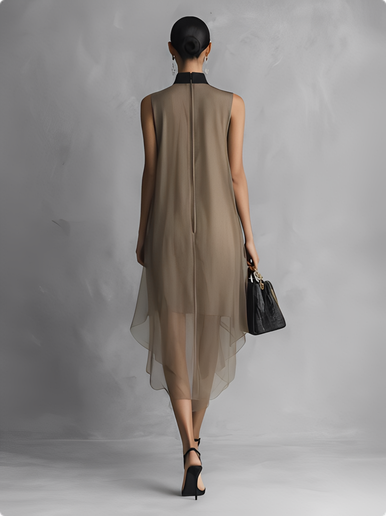 Women's Light Luxury Khaki And Brown Color-blocked Chiffon Sleeveless Dress MDZ1535A7BA