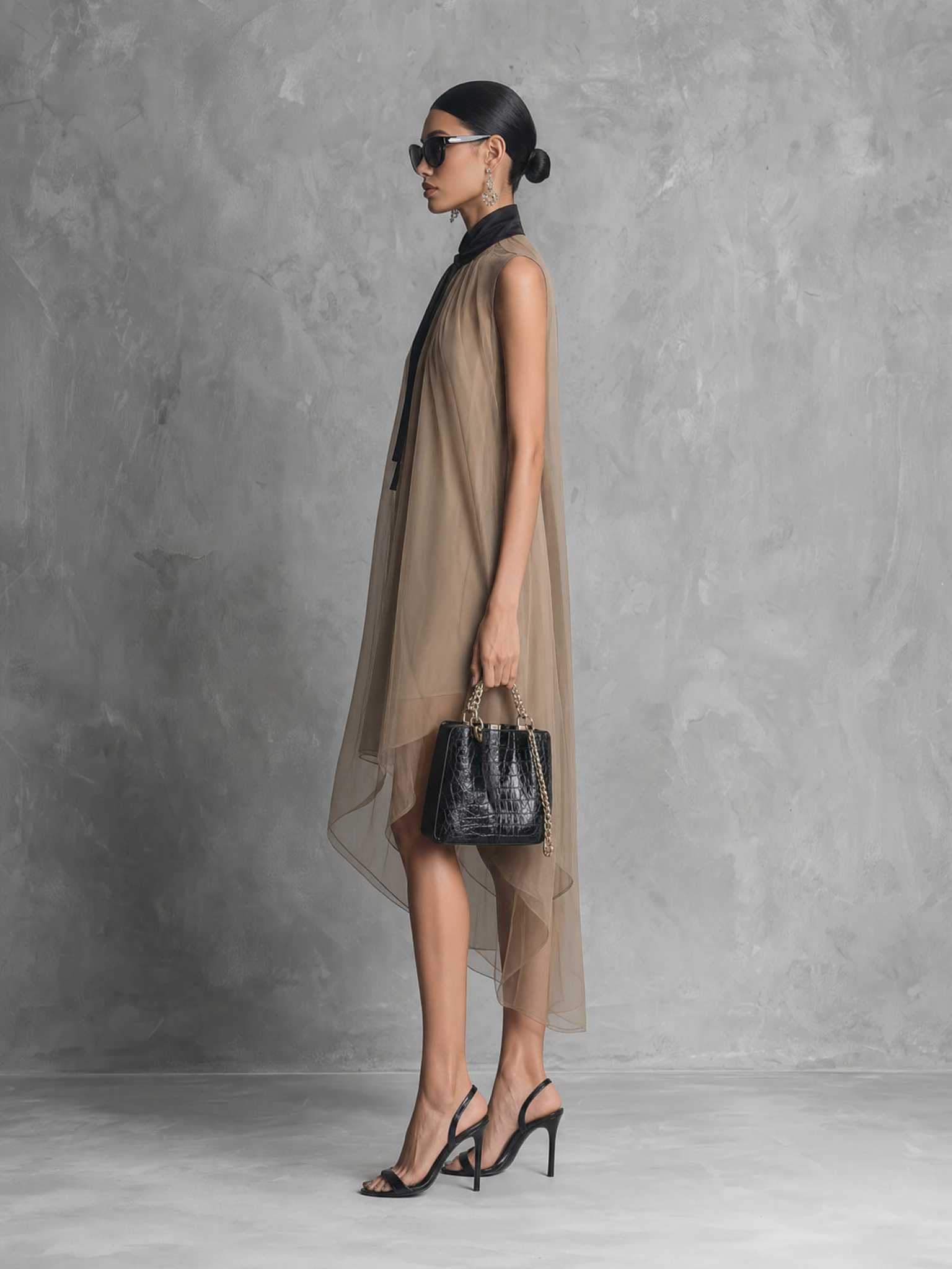 Women's Light Luxury Khaki And Brown Color-blocked Chiffon Sleeveless Dress MDZ1535A7BA