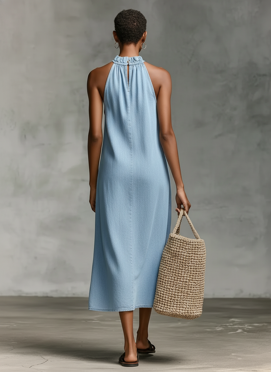Women's Minimalist Loose-Fit Washed Denim Sleeveless Midi Dress MDZ1570E2Y