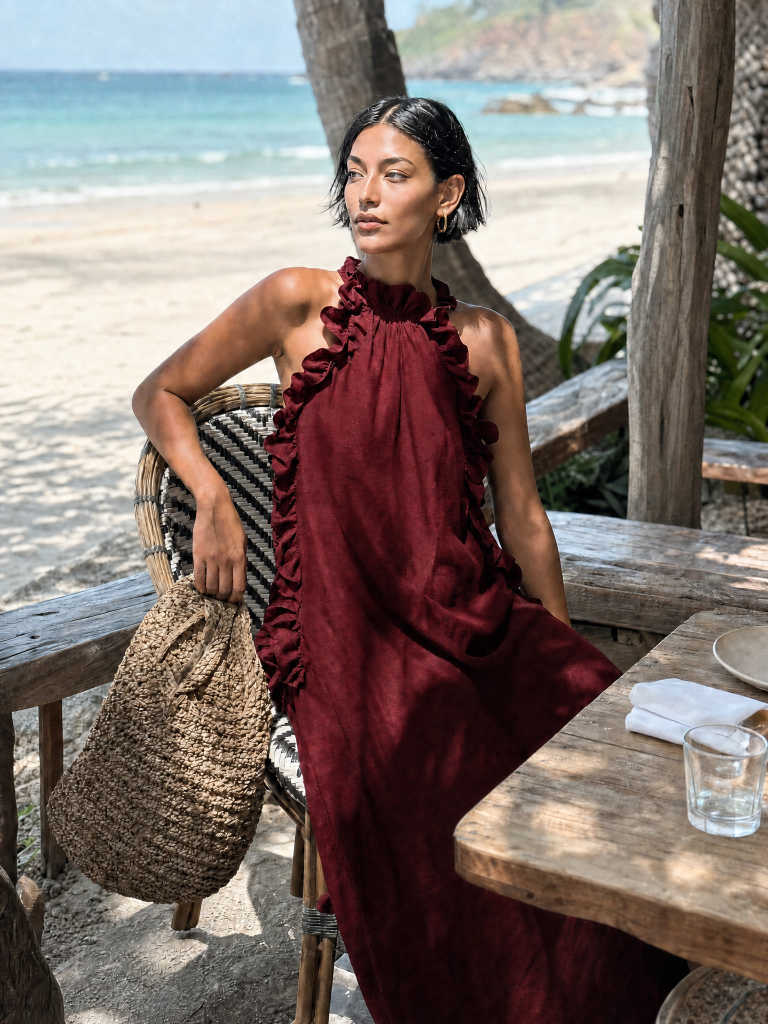 Women's Minimalist Linen-blend Sleeveless Maxi Dress With Ruffle Details MDZ1622A0Y