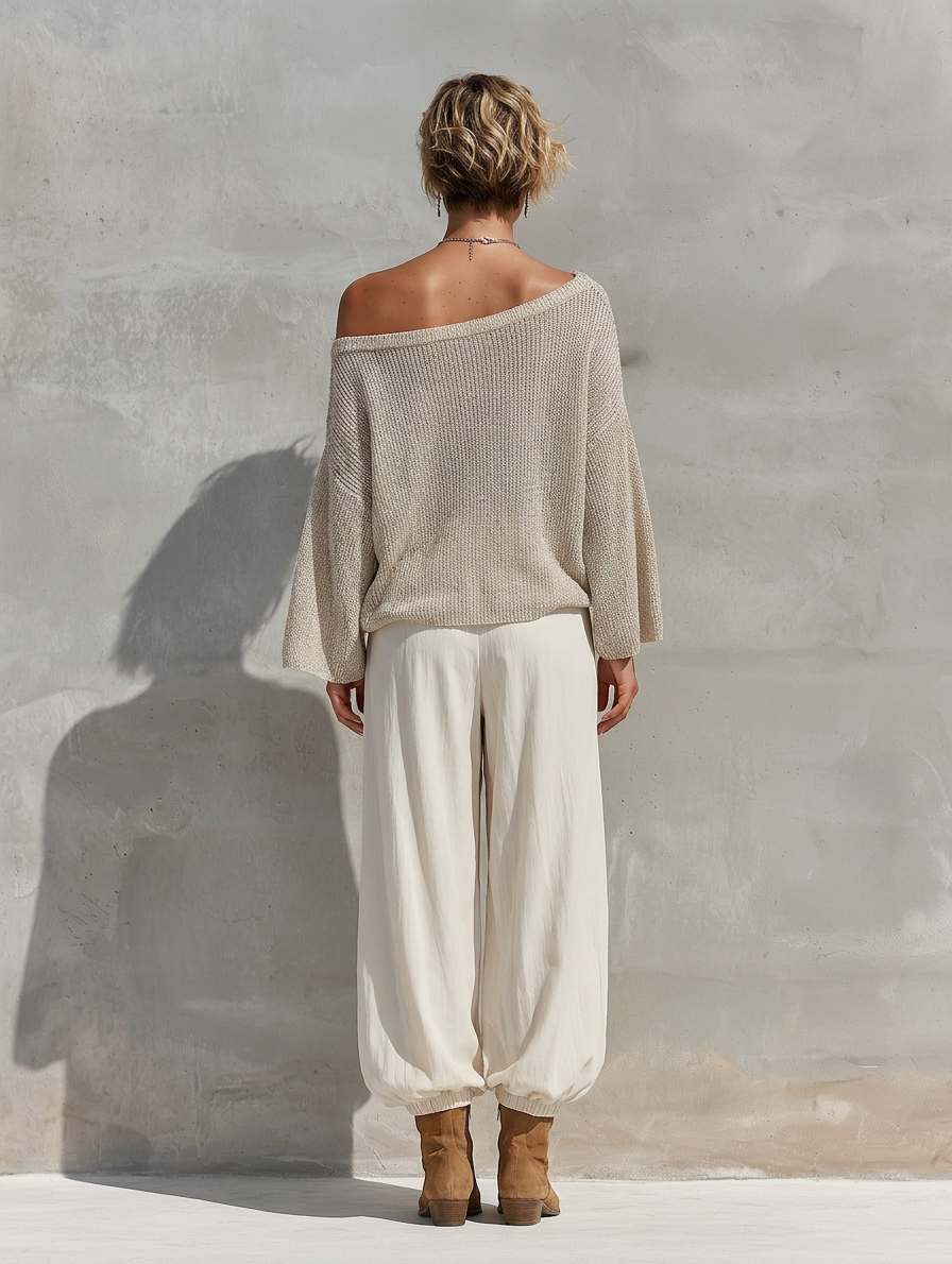 Women's Shimmer Knit Off Shoulder Batwing Sleeve Loose Top White Elastic Cuff Wide Leg Jogger Pants Two Piece Set MDZ1623G3YZJ