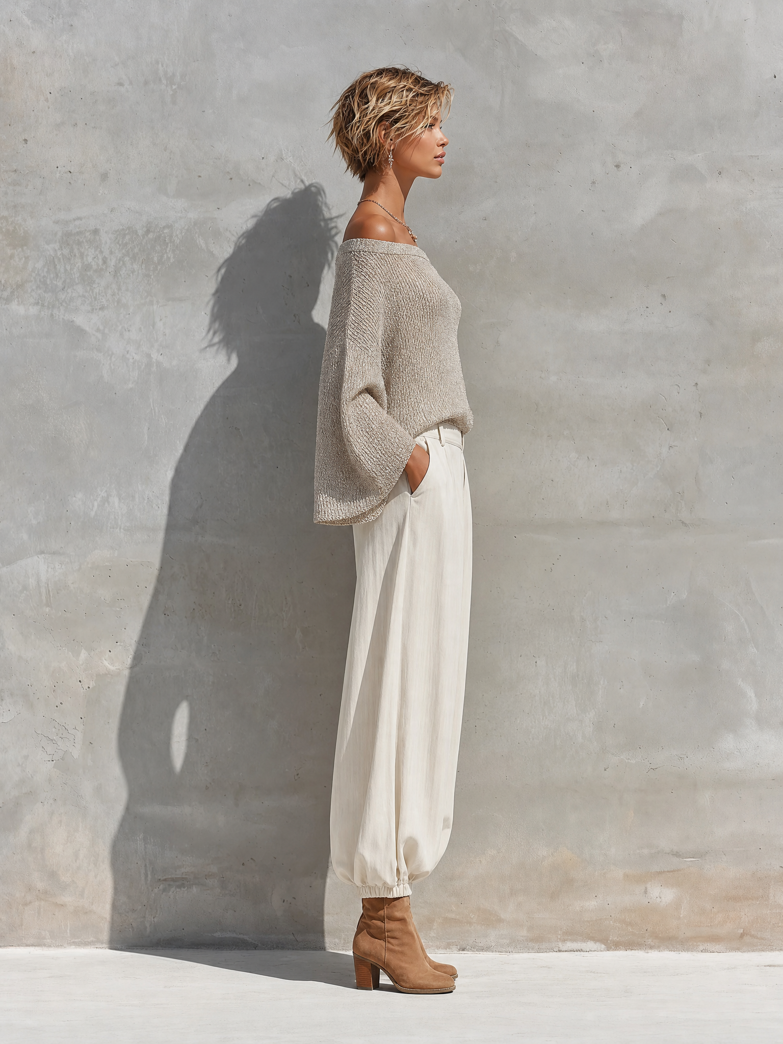 Women's Shimmer Knit Off Shoulder Batwing Sleeve Loose Top White Elastic Cuff Wide Leg Jogger Pants Two Piece Set MDZ1623G3YZJ