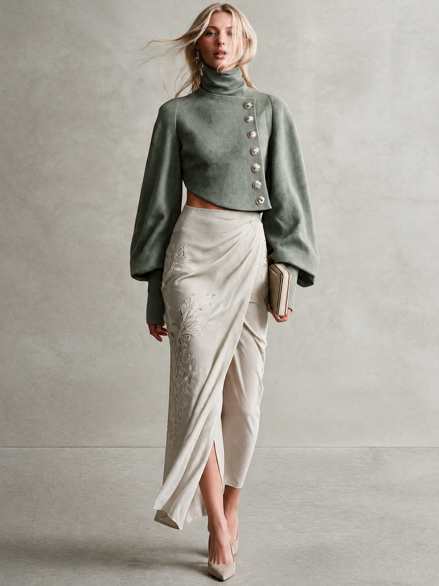 Women's Sage Green Mock‑Neck Asymmetric Button‑Front Cropped Jacket With Puff Sleeves