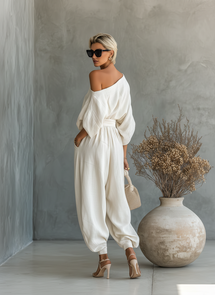 Women's Off-white Linen Off-shoulder Loose Casual Top And Tapered Pants Set MDA2770K8T