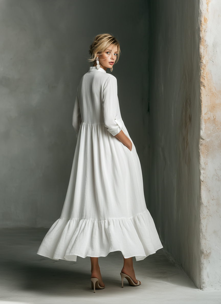Women's White Long-sleeved Ruffled Maxi Dress MDZ1706A0T