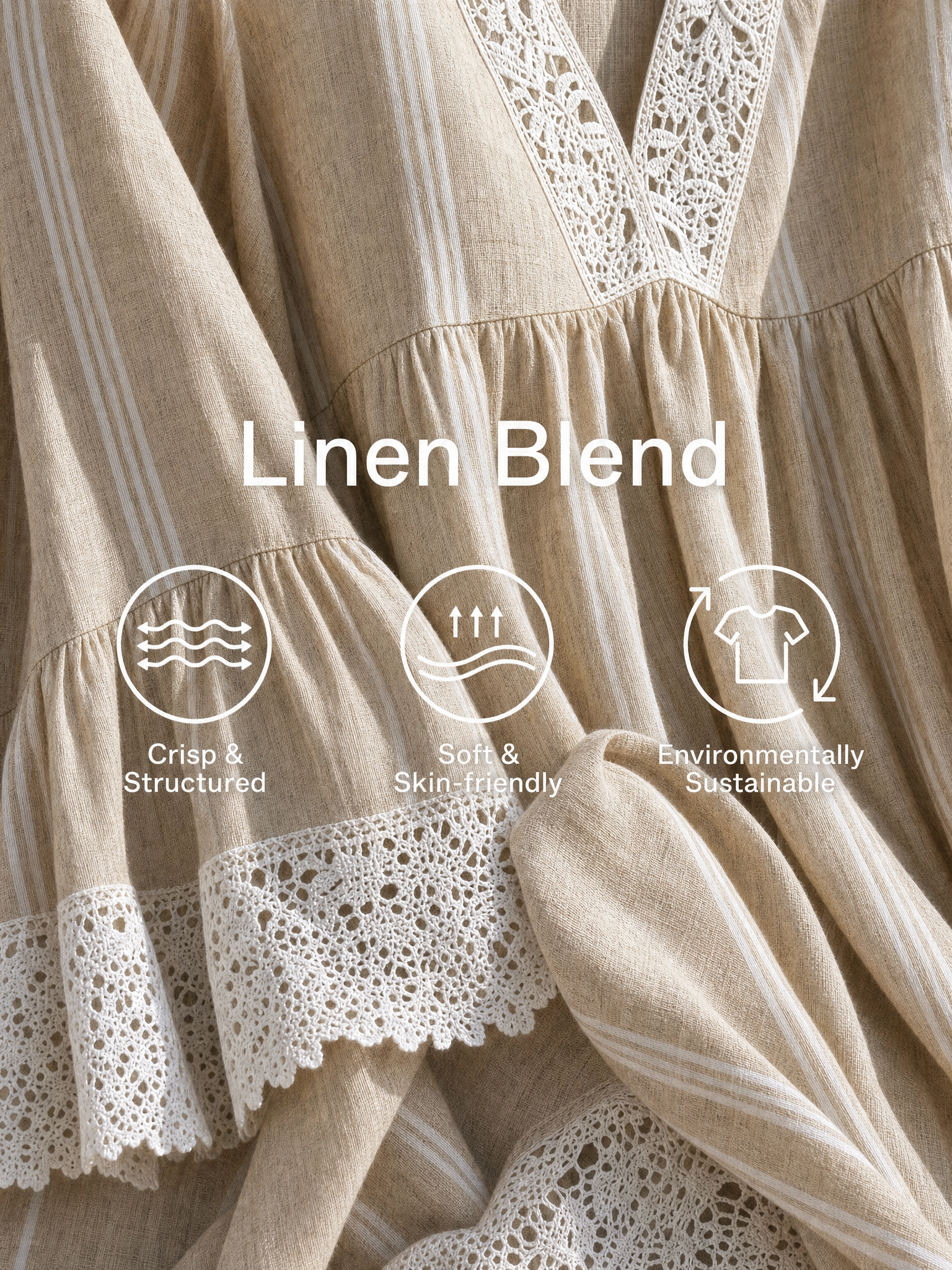 Women's Minimalist Beige Vertical-Stripe Maxi Dress With White Lace Trim And Flared Long Sleeves MDZ1745F9ZRK