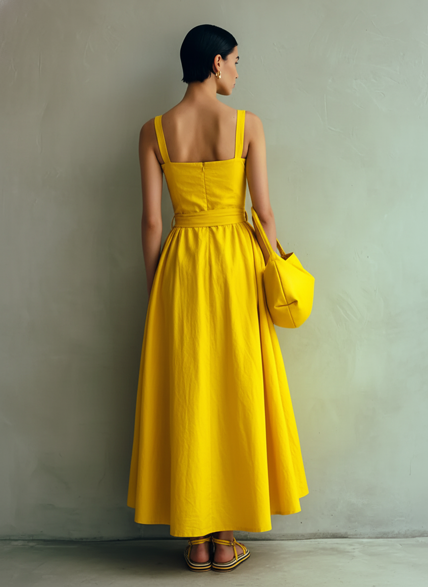 Women's Minimalist Bright Yellow Cotton Blend Square Neck Tie-Waist A-Line Cami Maxi Dress MDZ1863E8GMJ