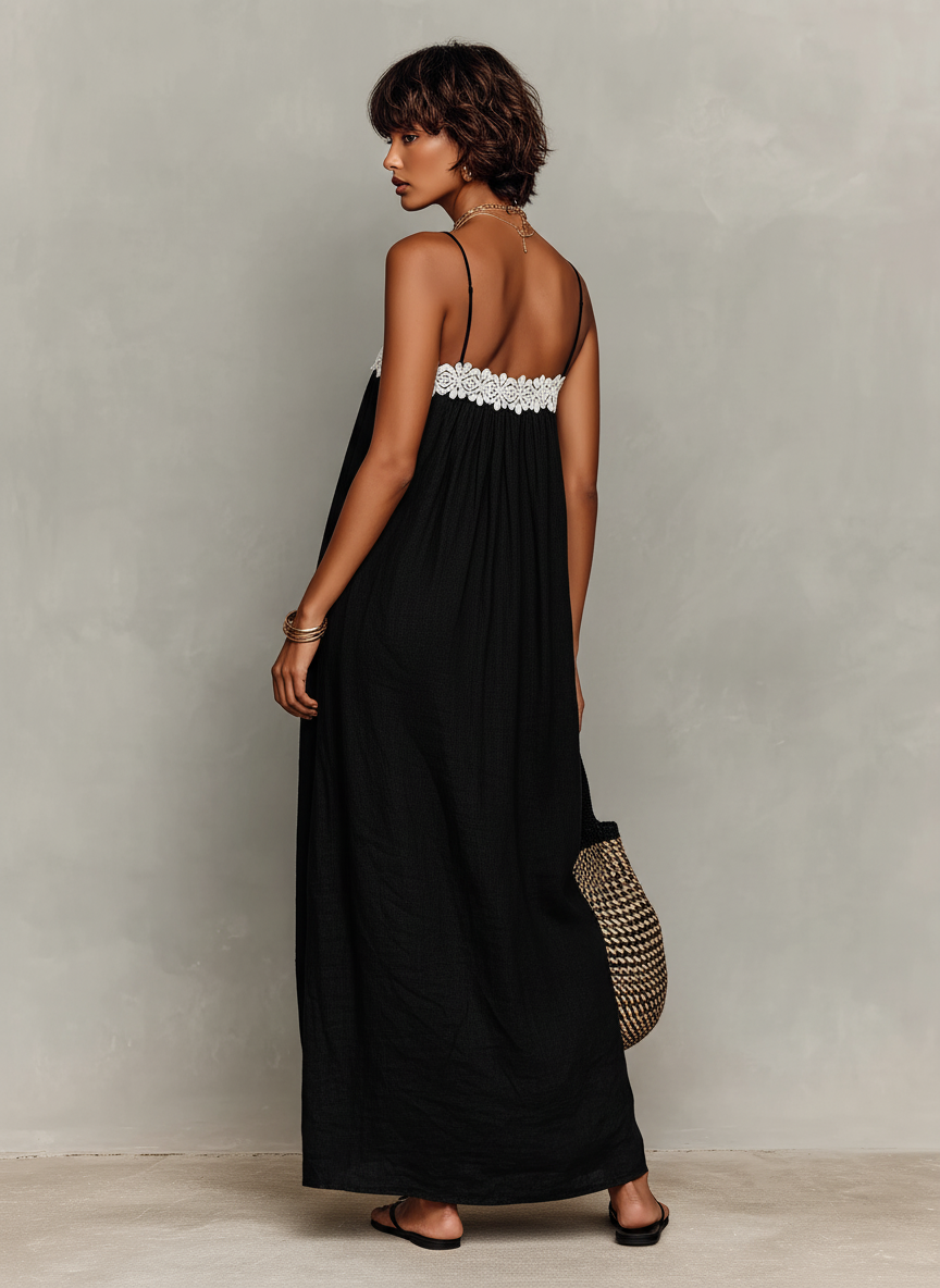 Women's Minimalist Linen-Blend Lace-Paneled Strapless With Spaghetti Straps Maxi Dress MDZ1926C9Y