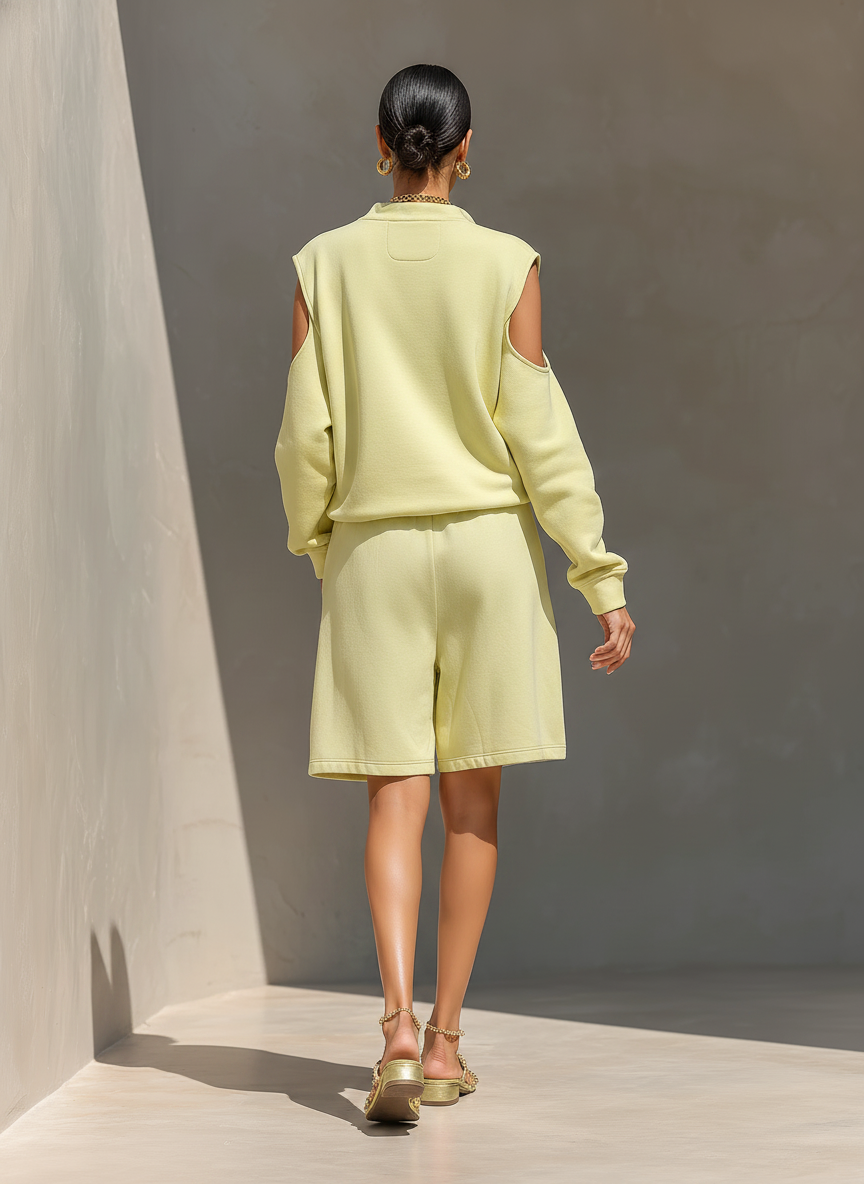Women’s Lime Green Cold-Shoulder Half-Zip Sweatshirt & Shorts Two-Piece Set MDZ1928E8T