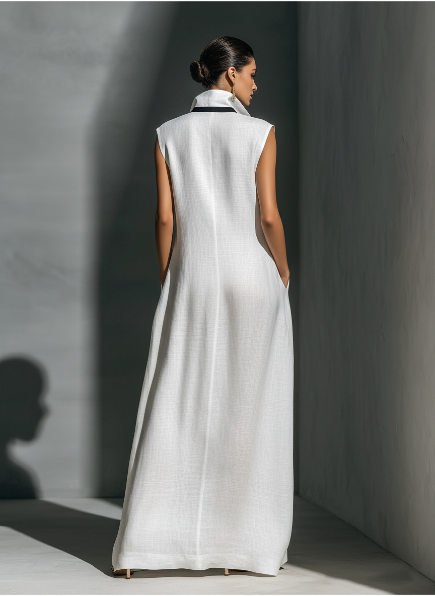 Women's White Linen Fabric Sleeveless Maxi Dress With Black Contrast Trim MDZ1973A8T