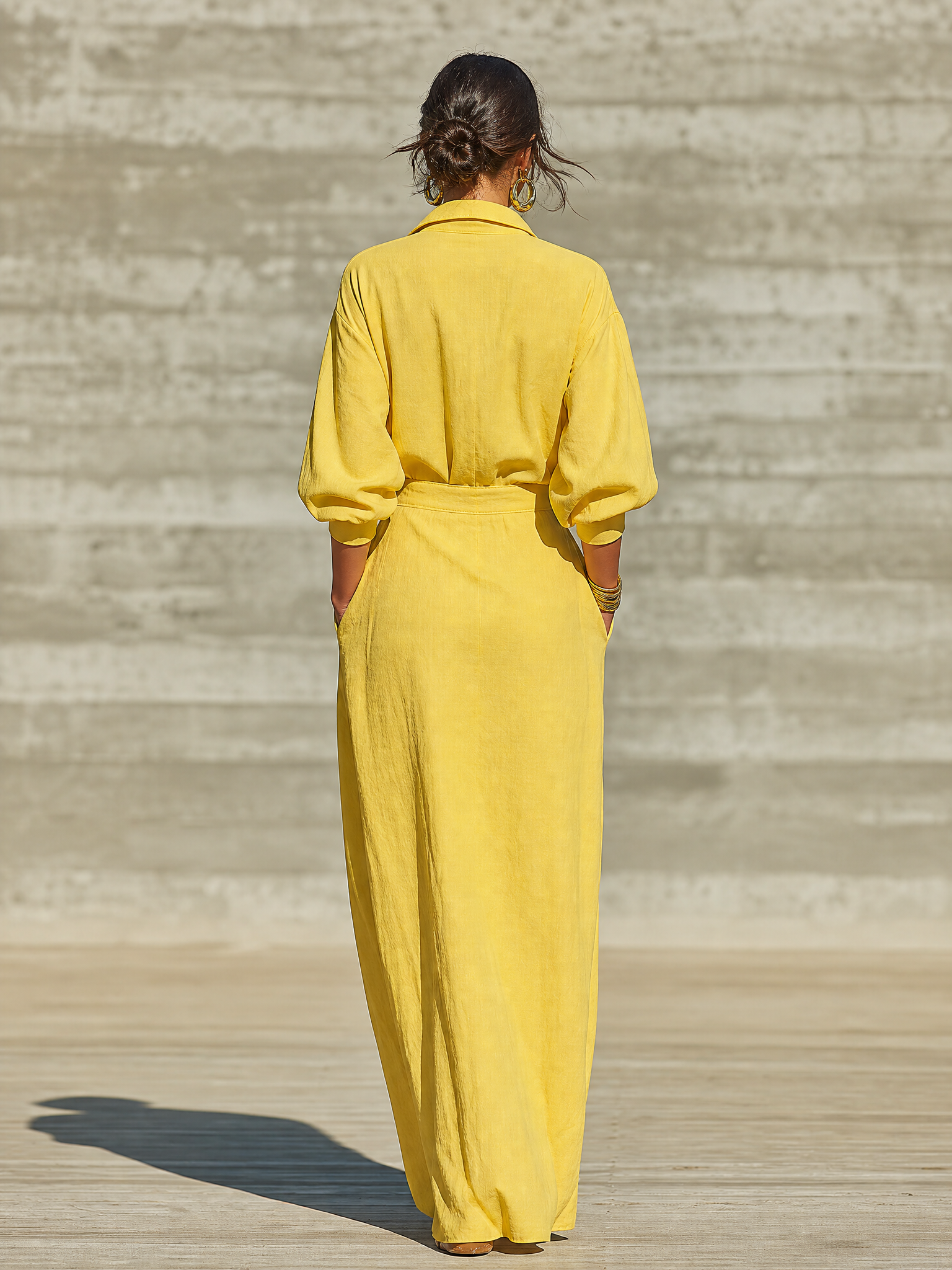 Women's Bright Yellow Linen Blend Shirt Maxi Dress With Lapel Half Button Placket & Puff Three Quarter Sleeves, Casual Resort Loose Floor Length Shirt Dress MDZ2041G4LYL