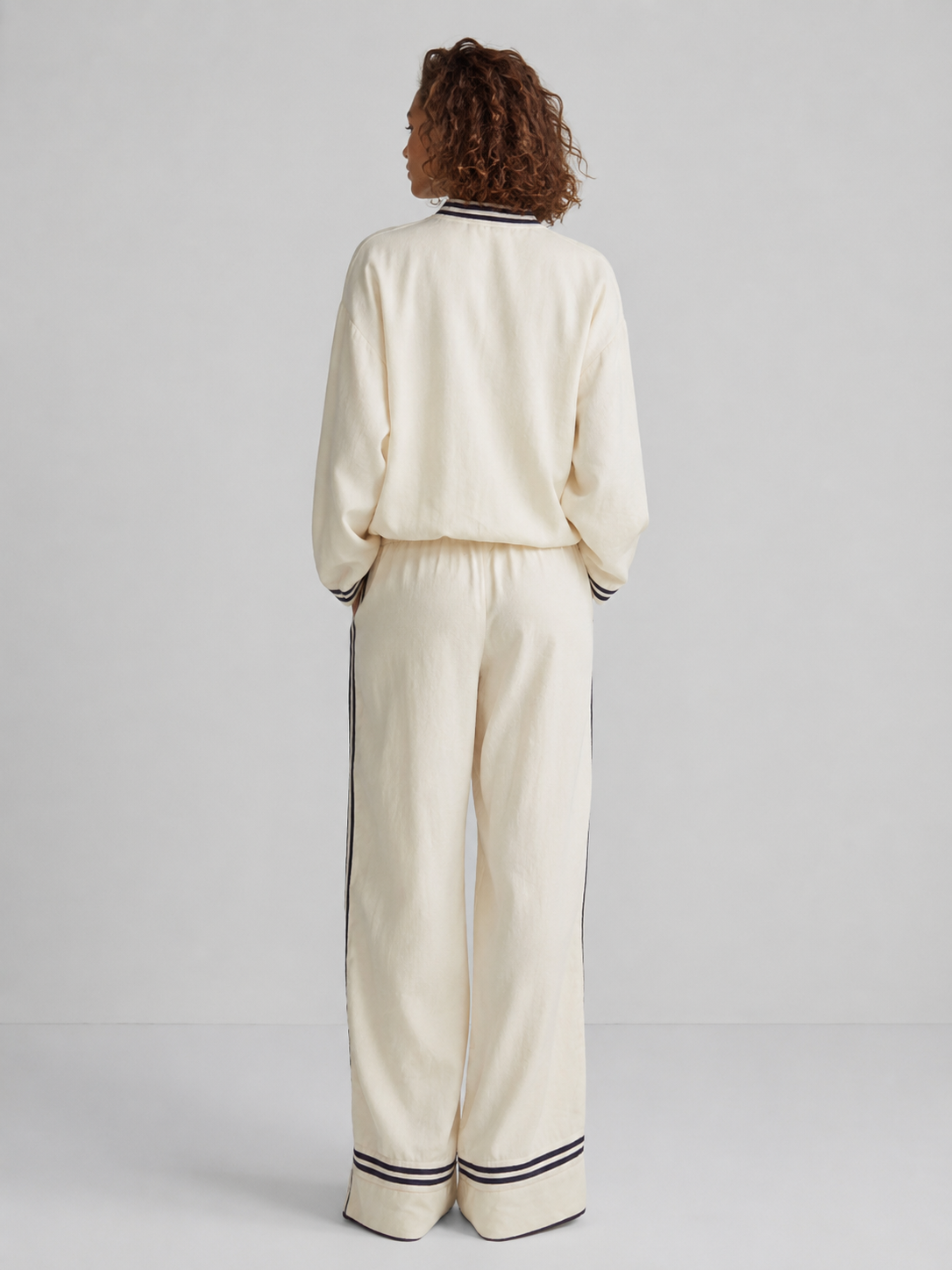 Women's Elegant Casual Off-white Linen Contrast-Stripe Stand-Collar V-Neck Long-Sleeve & Wide-Leg Trouser Set MDZ2059G3CMX