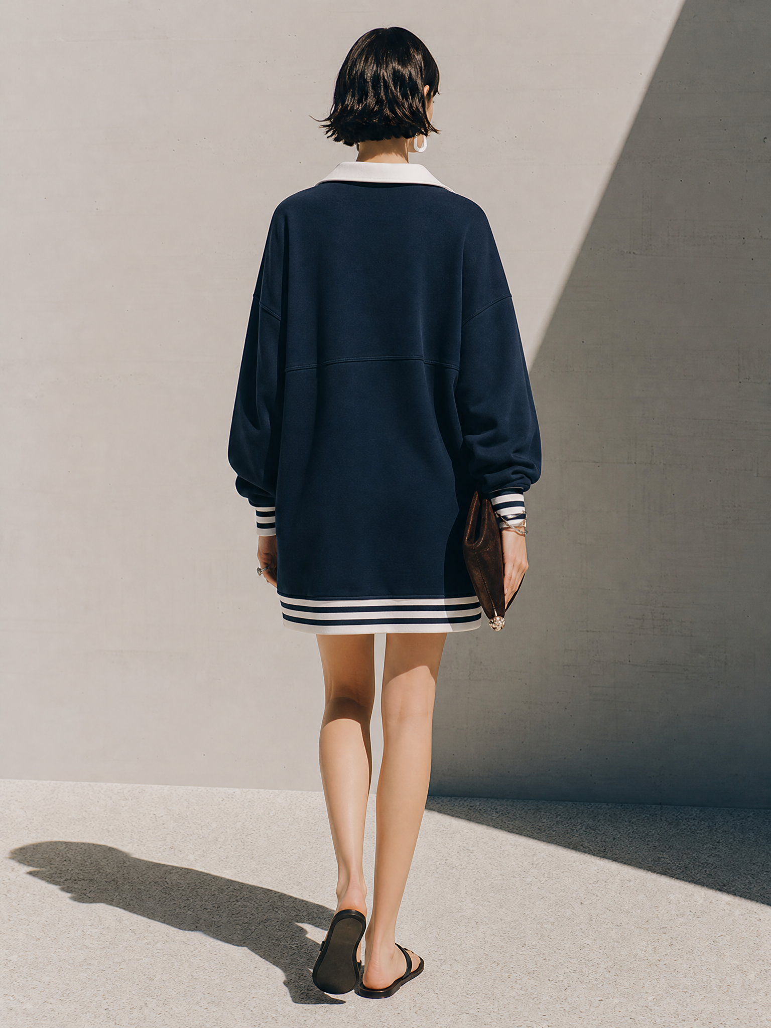 Women's Navy Contrast Collar Half-Zip Striped Cuff Sweatshirt Mini Dress MDZ2065G7ZRK