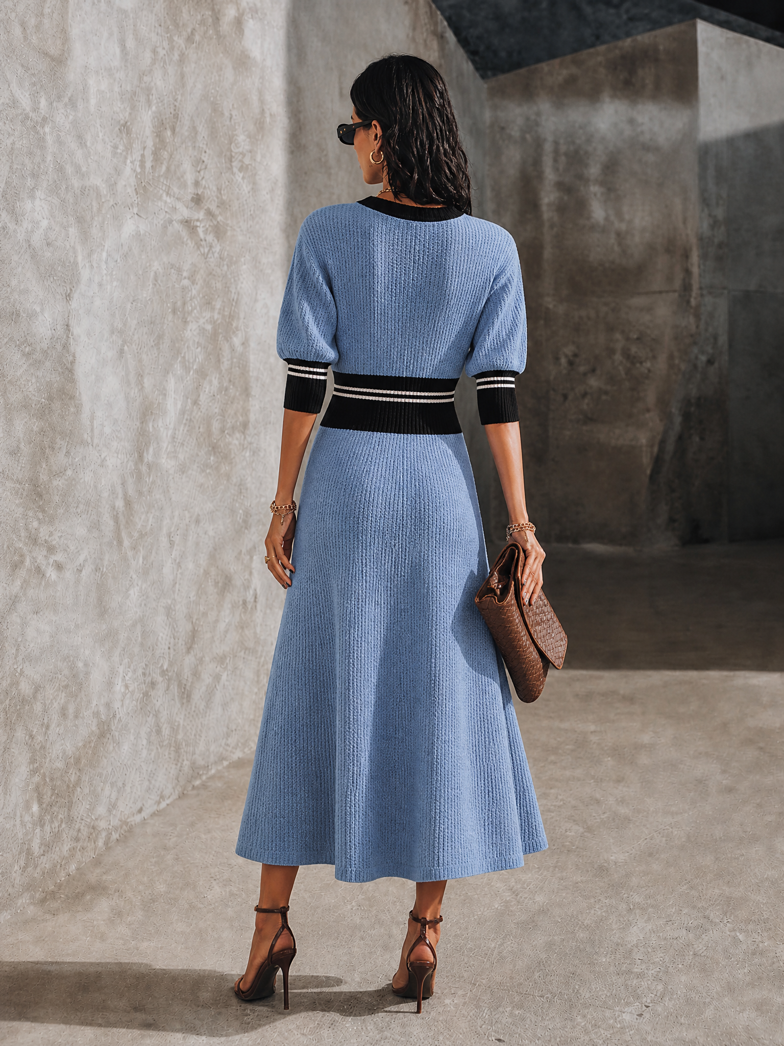 Women's Retro Elegant Powder Blue Knit Contrast Trim V-Neck Maxi Dress MDZ2106G8GMJ