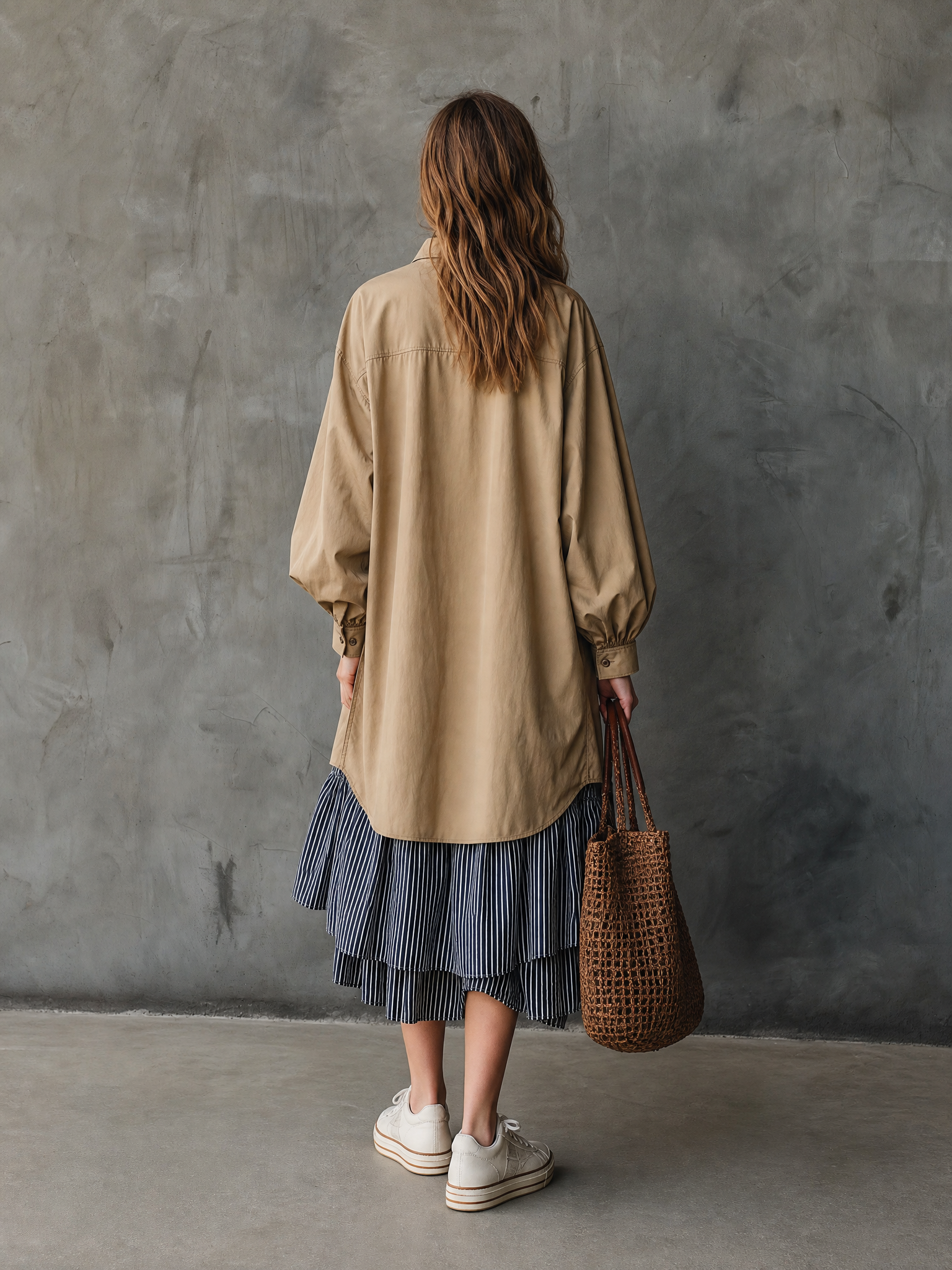 Women's Casual Khaki Woven Long-sleeve Maxi Dress With Striped Paneling MDZ2164G6LXY