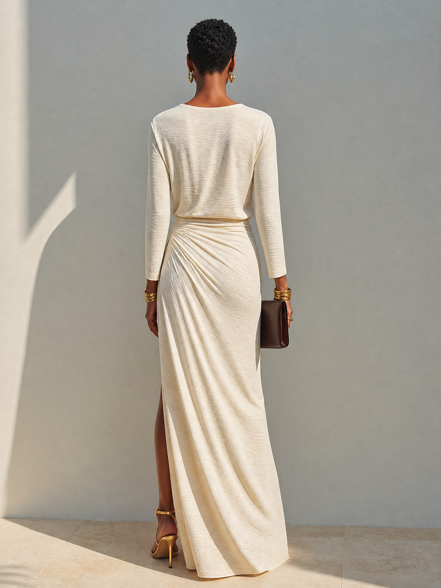 Women's Beige Cotton-Blend Crew-Neck Ruched Slit Maxi Dress MDZ2273G6ZRK