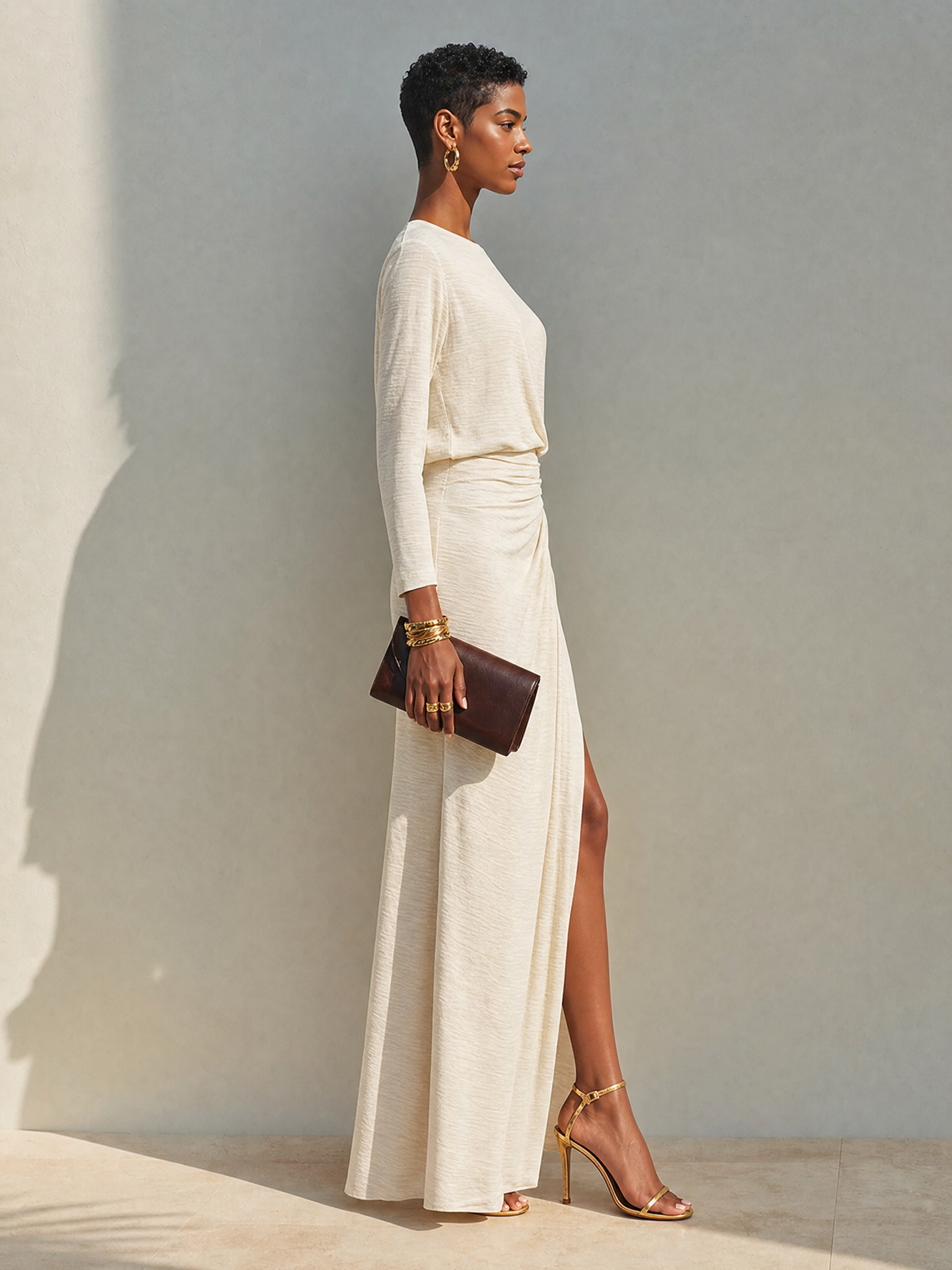 Women's Beige Cotton-Blend Crew-Neck Ruched Slit Maxi Dress MDZ2273G6ZRK