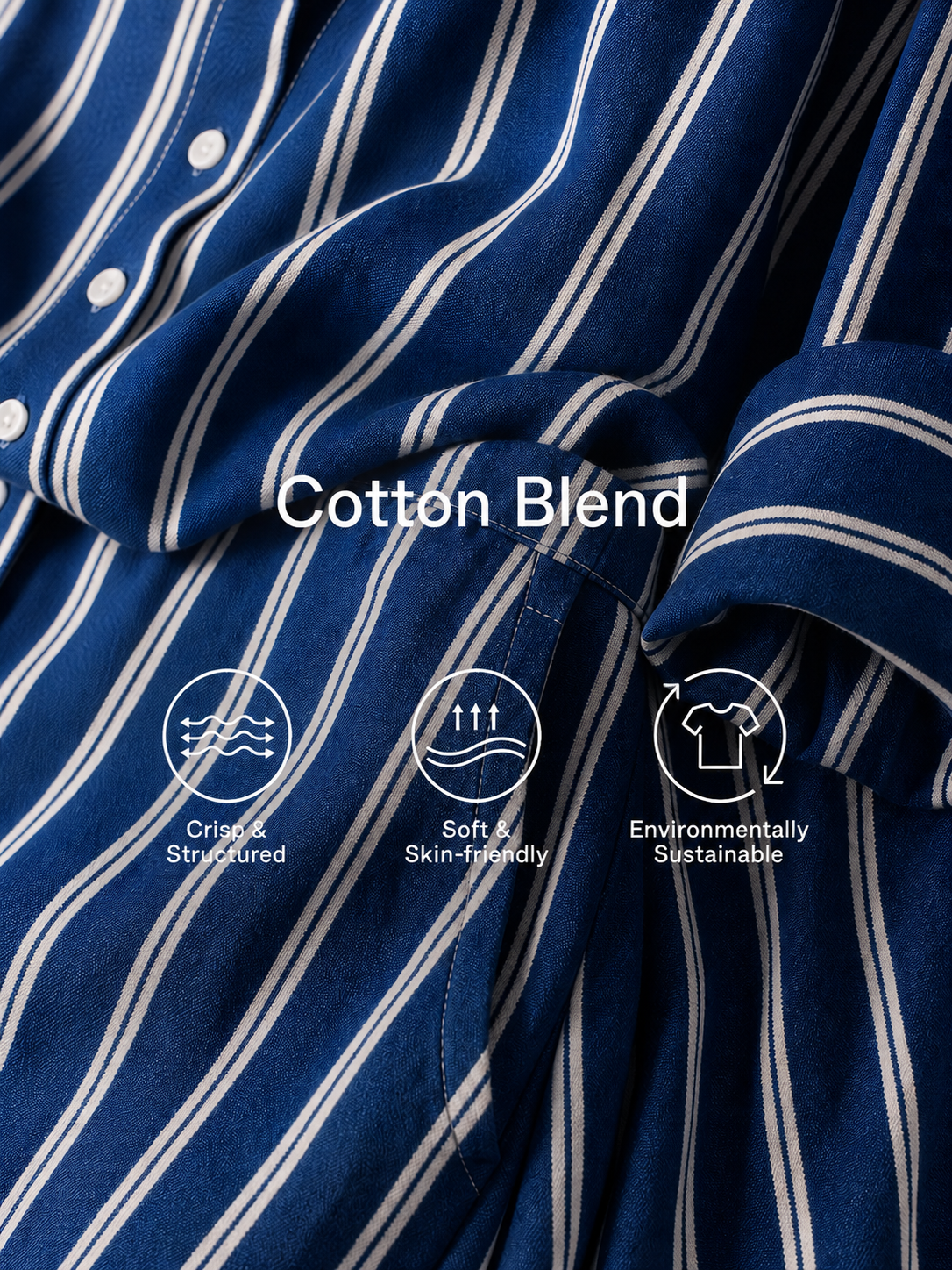 Women's Royal Blue White Stripe Cotton-Blend Co-Ord With Button Front Blouse & Elastic Waist Straight Maxi Skirt, Effortless-Chic Summer Daily Outfit MDZ2304F8LYL