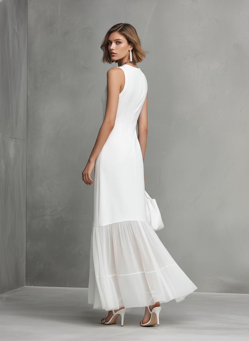 Elegant Women's White Sleeveless Dress With Milk Silk And Chiffon Paneling  MDZ2310A6BA