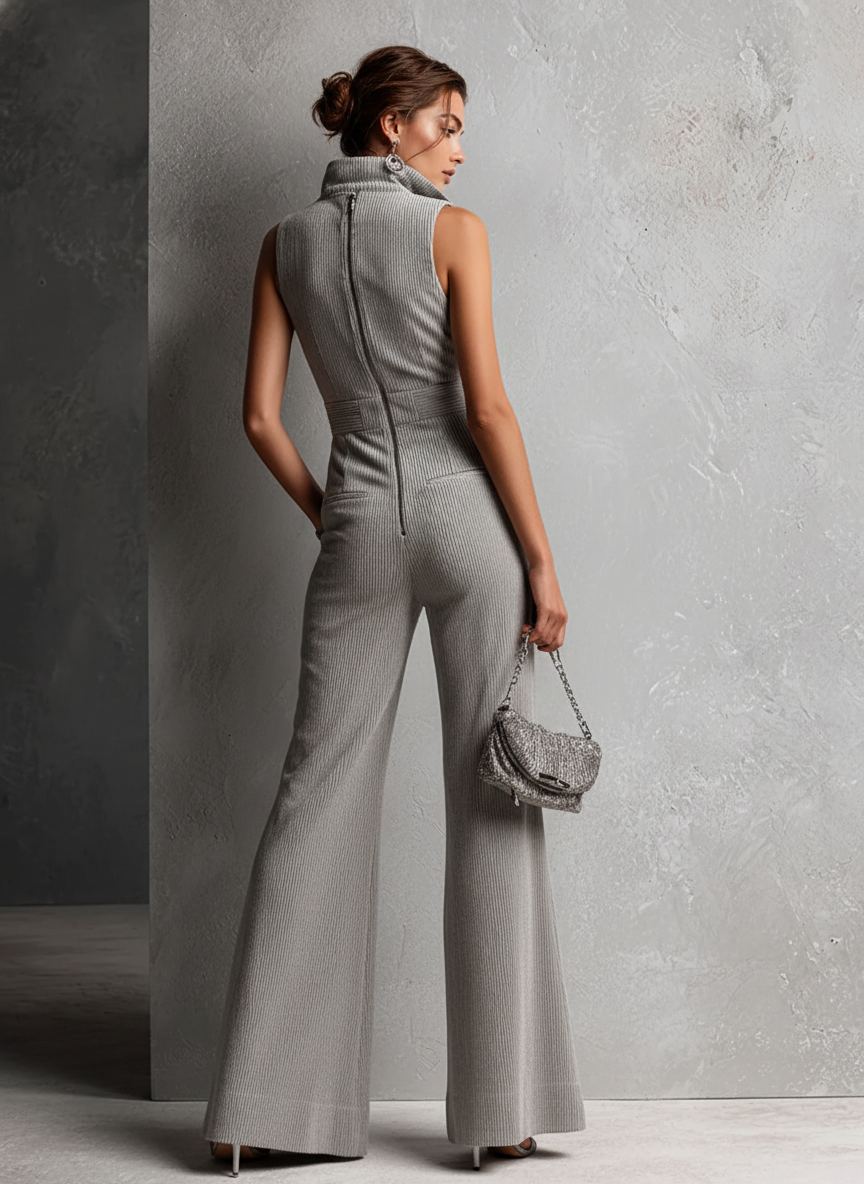 Women's Commuter Grey Cotton Blend Striped Collared Sleeveless Zip-Up Waist-Tailored Wide-Leg Maxi Jumpsuit MDZ2365E9GMJ