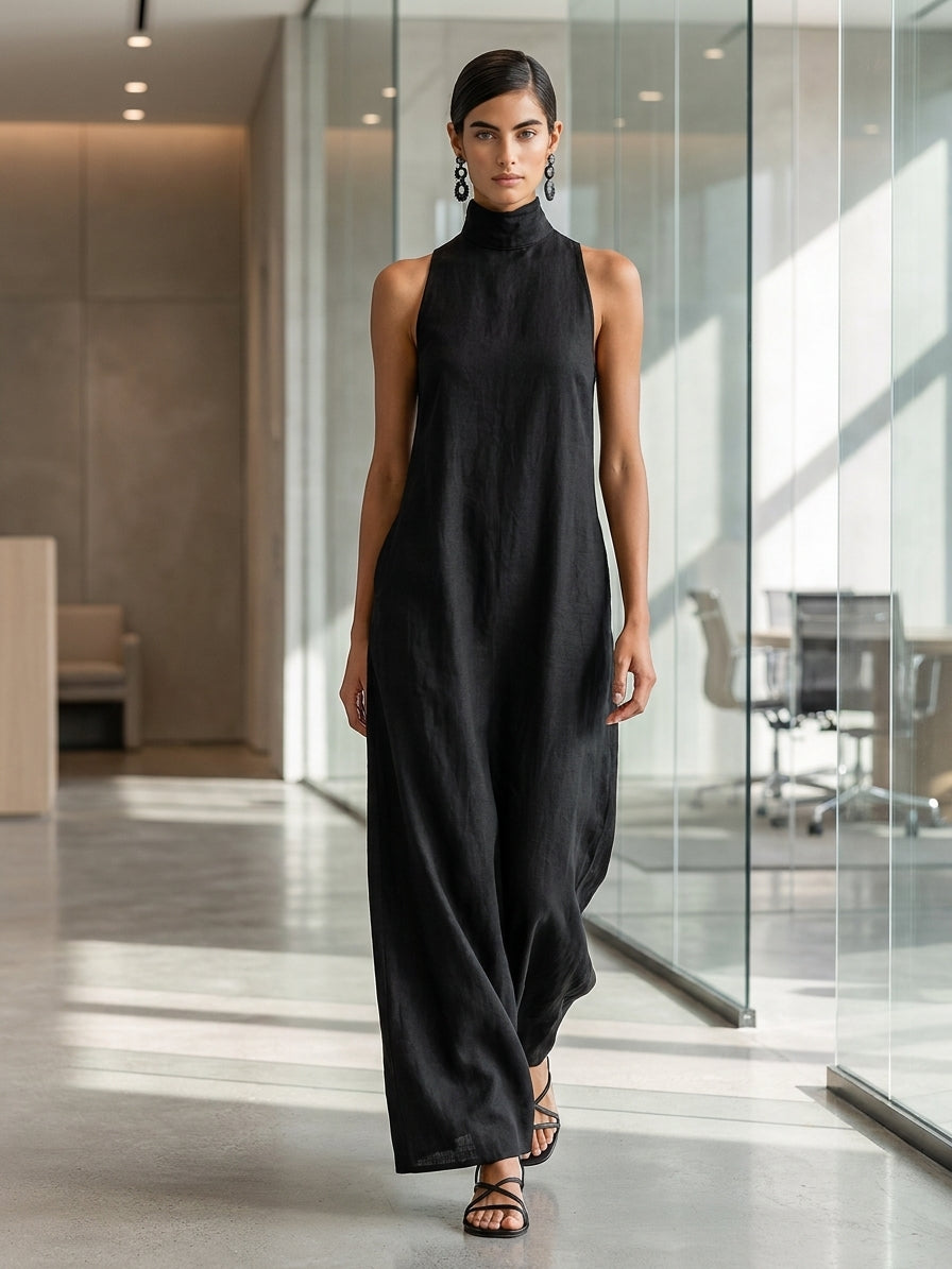 Women's Black Linen-Blend Maxi Dress With High Neck & Side Pockets, Timeless Minimalist Casual Dress MDZ2597D7LYL
