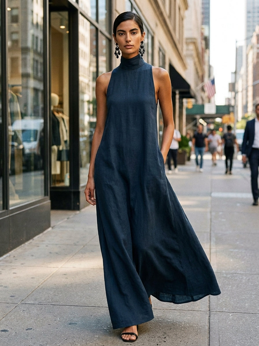 Women's Black Linen-Blend Maxi Dress With High Neck & Side Pockets, Timeless Minimalist Casual Dress MDZ2597D7LYL