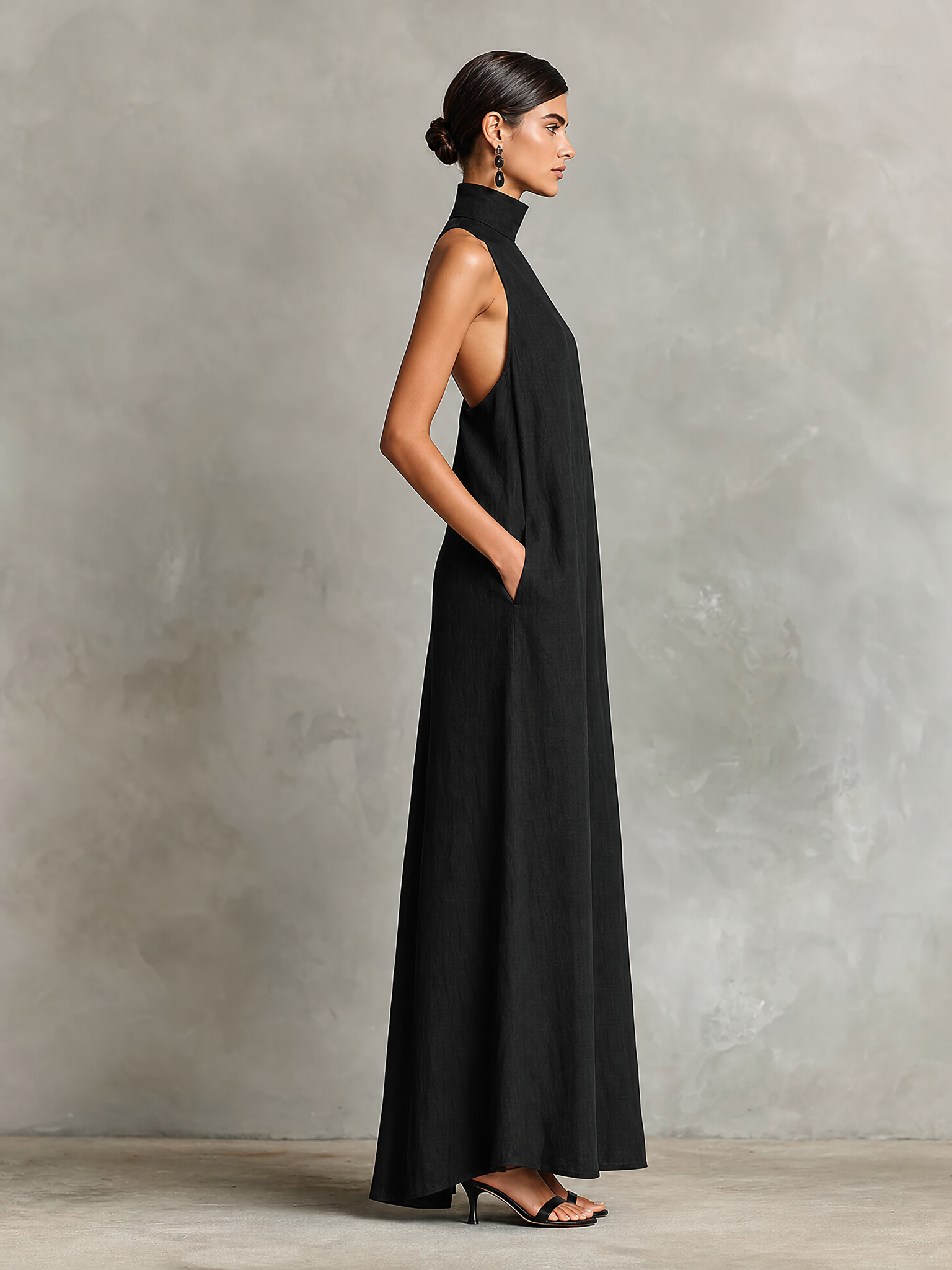 Women's Black Linen-Blend Maxi Dress With High Neck & Side Pockets, Timeless Minimalist Casual Dress MDZ2597D7LYL