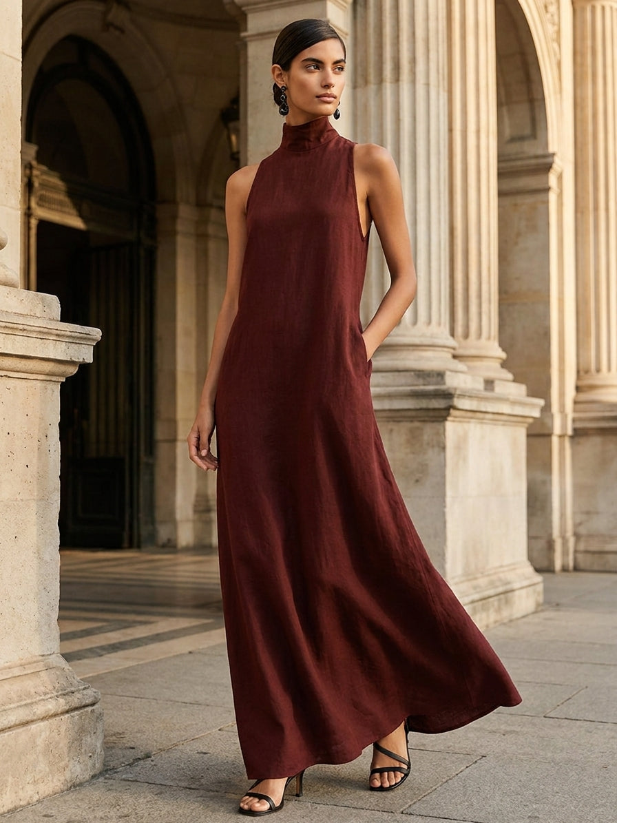Women's Black Linen-Blend Maxi Dress With High Neck & Side Pockets, Timeless Minimalist Casual Dress MDZ2597D7LYL
