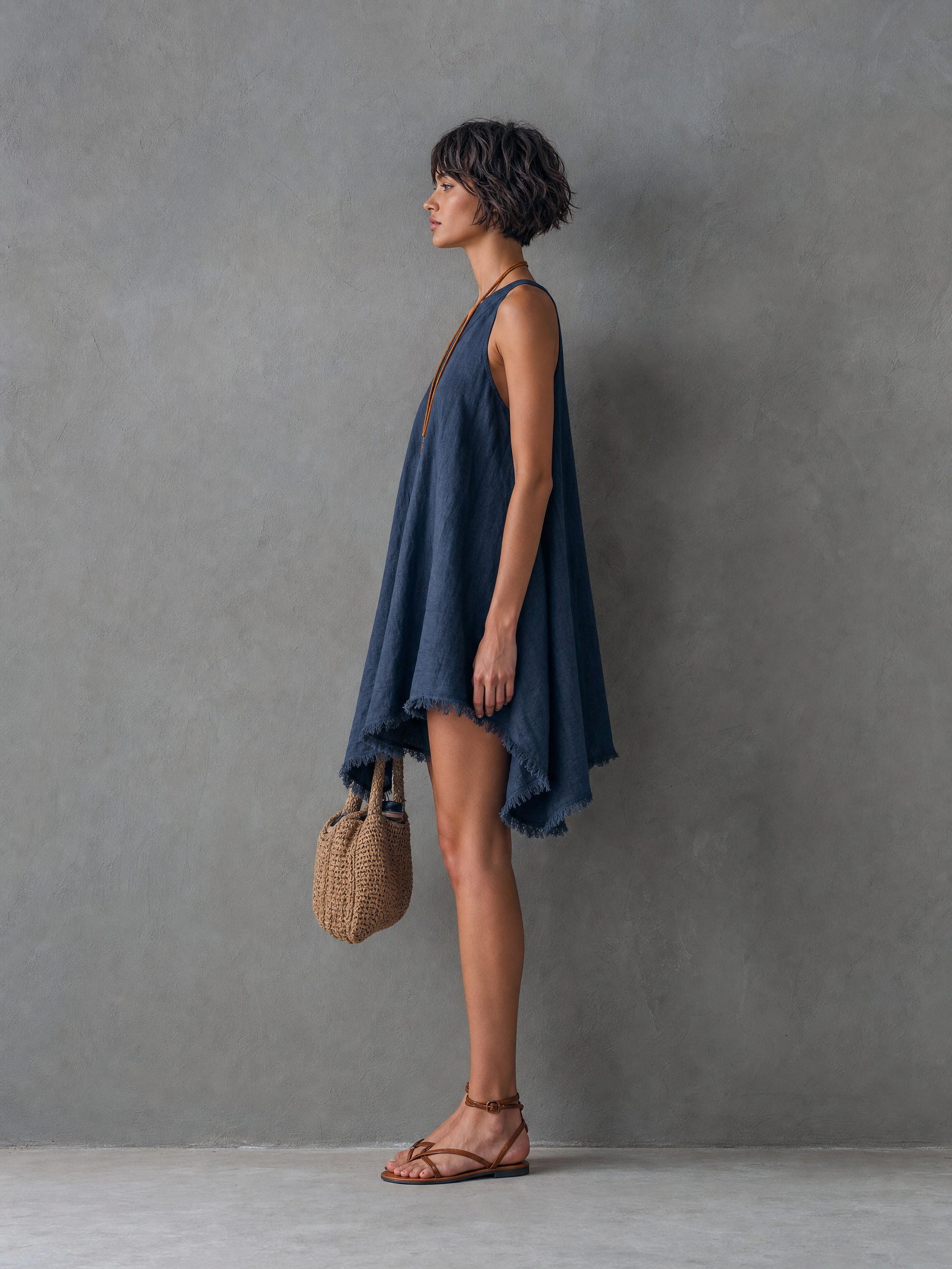Women's Minimalist Linen-Blend One-Shoulder Sleeveless Mini Dress With Frayed Hem MDZ2597E0Y