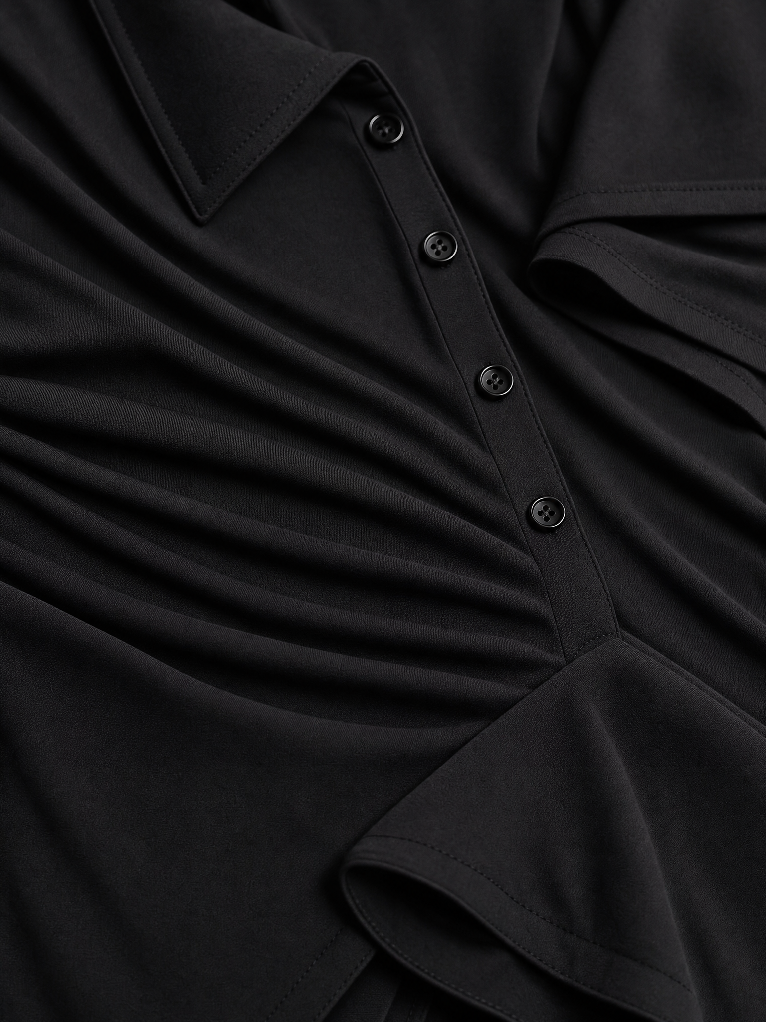 Women's Solid Black Soft Jersey Floor Dress With V Neck Henley Buttons & Figure-Hugging Silhouette, Modern Minimalist Casual Formal Maxi Dress MDZ2617F2LYL
