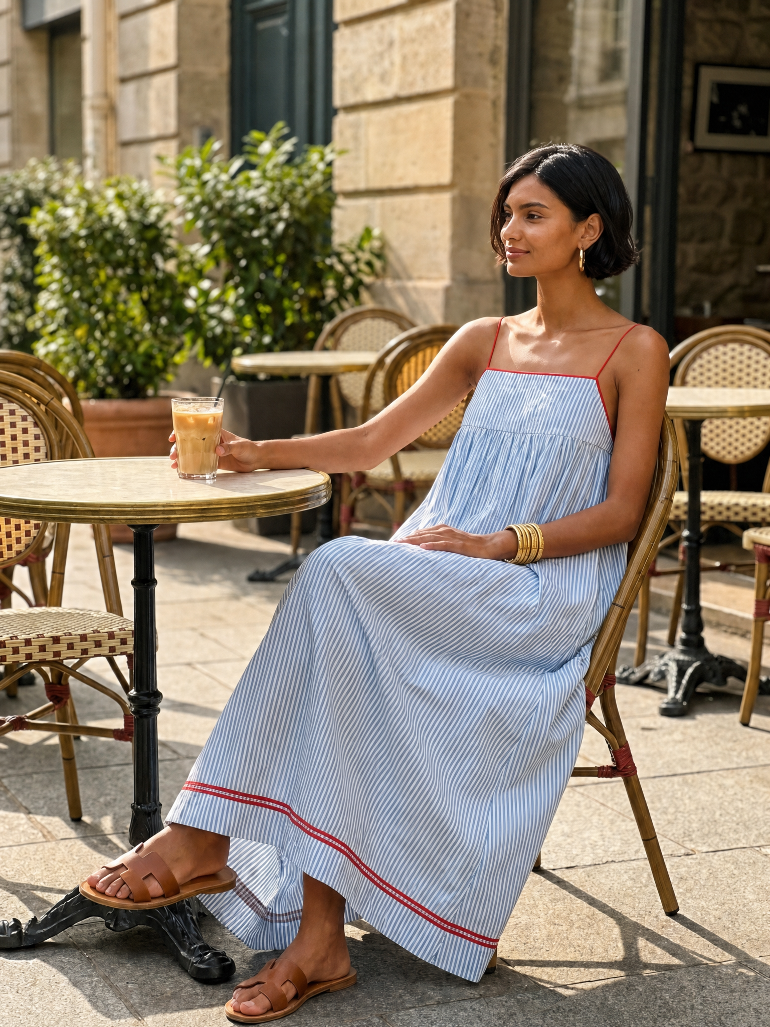 Women's Minimalist Striped Maxi Dress With Red Trim And Spaghetti Stra – Modesees