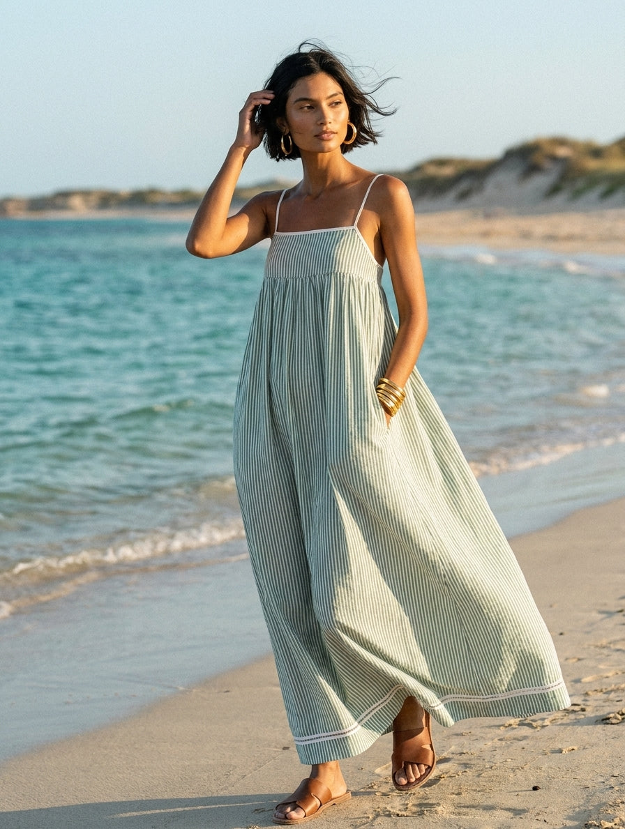 Women's Minimalist Striped Maxi Dress With Red Trim And Spaghetti Straps MDZ2710C3Y