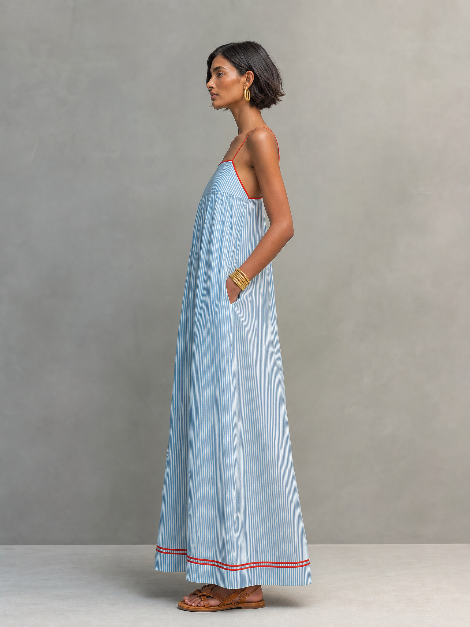 Women's Minimalist Striped Maxi Dress With Red Trim And Spaghetti Straps MDZ2710C3Y