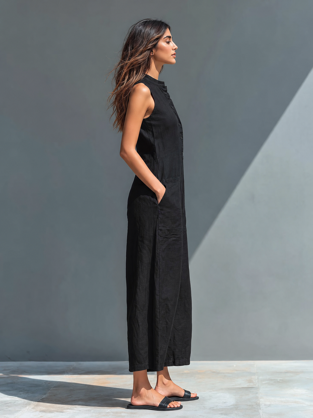 Women's Minimalist Linen Blend Button-up Stand-collar Sleeveless Loose Jumpsuit MDZ2725A5Y