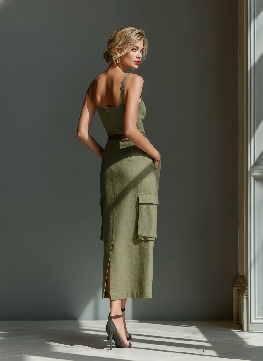 Women's Olive Green Linen Fabric Sleeveless Midi Dress With Cargo Pock –  Modesees