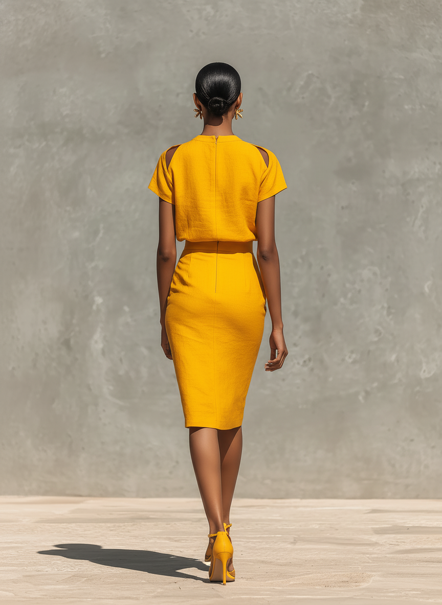 Women's Yellow Cotton-Linen Off-Shoulder Top With Pleated Collar And Pencil Skirt Set MDZ2800E7T